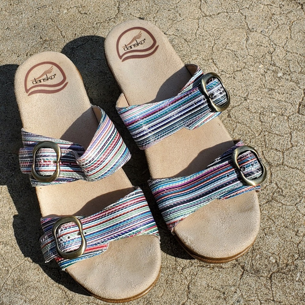 Dansko Sophie Multi Color Strappy Striped Leather Slide Sandals Wedge 37 Casual - Picture 7 of 11